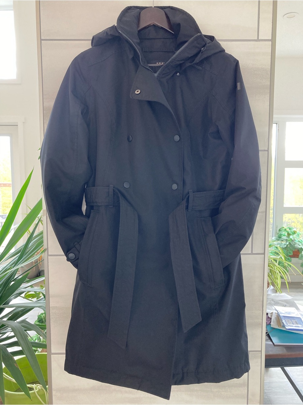 Helly Hansen Black Hooded Trench Coat with Belt